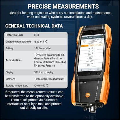 testo 300 Combustion Analyzer HVAC Kit with Printer - Combustion Leak Tester for Flue Gas, Draft, Differential Pressure & Ambient CO - Natural Gas Leak Tester with Probes - CO Meter with Touch Display