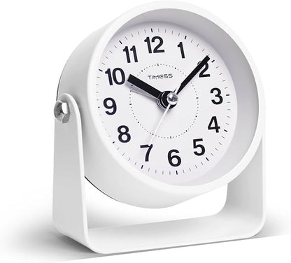 TIMESS Analog Alarm Clock, Silent Non-Ticking Quartz Movement, Battery-Operated with Snooze & On-Demand Light, Easy to Set Gentle Wake Bedside Desk Clock, Ideal for Home, Travel, Office (White)