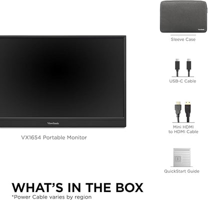 ViewSonic VX1654 16 Inch 1080p IPS Portable Gaming Monitor with 144Hz, AMD FreeSync, 2 Way Powered 60W USB C, Mini HDMI, and Built-in Stand with Protective Cover