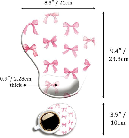 Ergonomic Mouse Pad with Wrist Support,Cute Mouse Pad with Wrist Rest and Coaster Set,Office Supplies Non-Slip Mouse Pads for Desk, Non-Slip Comfortable,Pink Bow