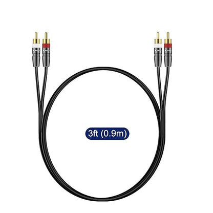 J&D RCA Cable, 2 RCA Male to Male Stereo Audio Cable, Gold-Plated Copper Shell, Heavy Duty, Compatible with Speaker, Amplifier, Subwoofer, 3 Feet