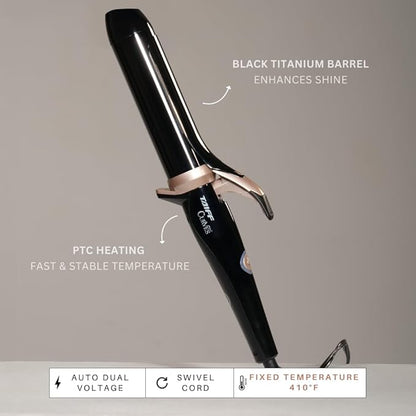 TAIFF Curves Professional Black Titanium Curling Iron – High-Performance Hair Curler & Rizadora para Cabello with Dual Voltage | Fixed Temperature 410°F | 1 1/2”