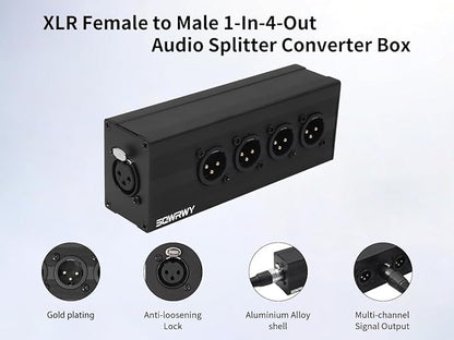 SQWRWY XLR 1 Female to 4 Male Passive Splitter | 4-Channel Galvanic Distribution for Zero-Latency Audio & DMX Adapter 4Way 1Pack