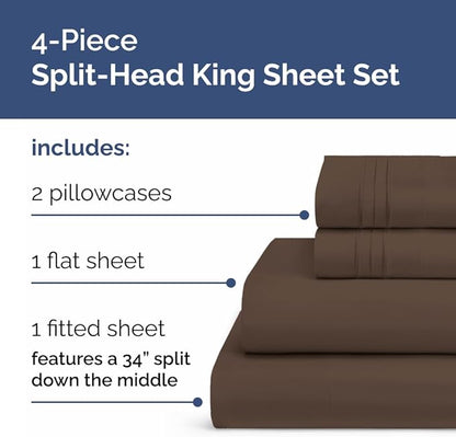 Split Head King Sheet Set – 4 Piece Flex Split Top King Sheets for Adjustable Beds - Fits 14” to 16" Mattress w/ Deep Pockets - Ultra-Soft, Breathable & Cooling - Luxury Bedding & Wrinkle Free - Brown