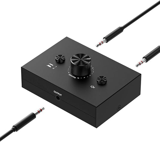 Y.D.F 3.5mm Stereo Audio Switch (2 in 1 Out) Audio Switcher Passive Speaker Headphone Manual Selector Splitter Box Audio Sharing for PC Phone Laptop Headphone