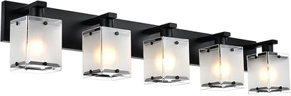 WINSHEN 5-Lights Bathroom Light Fixtures, Matte Black Modern Vanity Lights with Rectangular Frosted Glass for Over Mirror Dressing Table, E26 Bulb Base