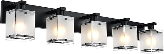 WINSHEN 5-Lights Bathroom Light Fixtures, Matte Black Modern Vanity Lights with Rectangular Frosted Glass for Over Mirror Dressing Table, E26 Bulb Base