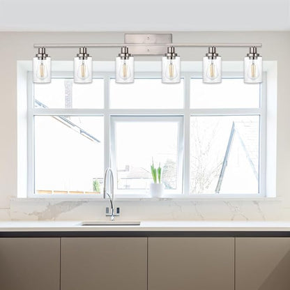 WINSHEN 6-Lights Bathroom Vanity Light Fixtures with Seeded Glass Lampshades, 45.3-Inches Length Modern Brushed Nickel Wall Light Fixture for Kitchen Bathroom Lighting