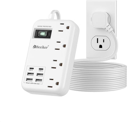 Beeiker 6 USB(2 USB C) Surge Protector Power Strip- 10 Ft Extension Cord with 24W USB Charging Station and 4 Outlets, Long Flat Extension Cord with Multiple Outlets for Travel Home Office Dorm White