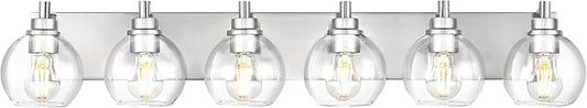 METWET Bathroom Light Fixtures, 6 Light Brushed Nickel Vanity Light, 38 Inch Modern Wall Sconces with Globe Clear Glass Shade, Vanity Lighting Fixtures Over Mirror, VL195-BN-6
