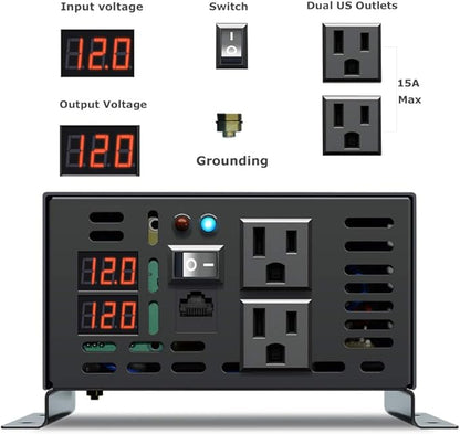 WZRELB 600W 12V 120V Pure Sine Wave Power Inverter with 2 AC Outlets Wired Remote Control