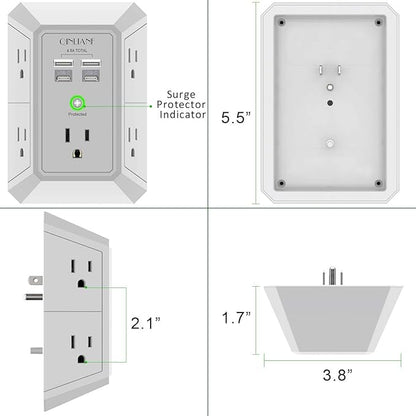 USB Wall Charger, Surge Protector, QINLIANF 5 Outlet Extender with 4 USB Charging Ports (4.8A Total) 3-Sided 1680J Power Strip Multi Plug Outlets Wall Adapter Spaced for Home Travel Office(2U2C),Grey