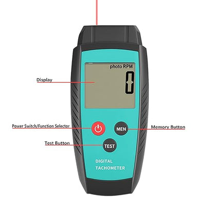 Non Contact RPM Tachometer with Large LCD Display for Precision RPM Measurement, 10 to 99,999 RPM Laser Photo Digital Tachometer RPM Gauge Meter with Reflection Tapes, MAX/MIN/LAST and Memory Function