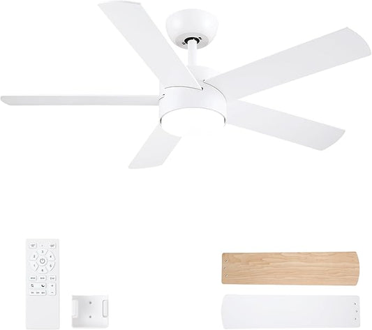 POCHFAN 42 inch White Ceiling Fans with Lights and Remote, LED Dimmable 3 CCT Temperatures 6-Speed, Noiseless Modern Ceiling Fan for Bedroom, Living Room, Dining Room, ETL Listed