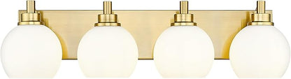 METWET Bathroom Light Fixtures, 4 Light Brushed Gold Vanity Light, 26 Inch Modern Wall Sconces with Globe Milk White Glass Shade, Vanity Lighting Fixtures Over Mirror, VL195-BG-ML-4