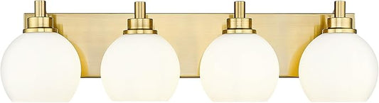 METWET Bathroom Light Fixtures, 4 Light Brushed Gold Vanity Light, 26 Inch Modern Wall Sconces with Globe Milk White Glass Shade, Vanity Lighting Fixtures Over Mirror, VL195-BG-ML-4
