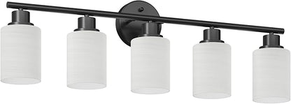 Guliaofo 5-Light Bathroom Light Fixtures, E26 Base Vanity Lights for Mirror with Textured Milky White Glass Shade, Modern Kitchen Light Fixtures Wall Sconce Light - Black