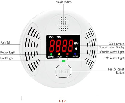 Vzmcov Carbon Monoxide and Smoke Detector Equipped with LCD Display, Battery Powered, Dual Sensor Alarm, 85dB Voice Alarm and Real-time CO Tracking, Suitable for Home/Kitchen/Bedroom/RV 1-Pack