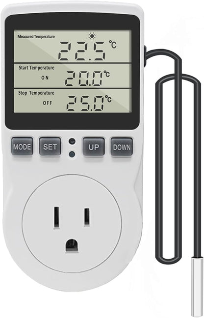 KETOTEK Digital Thermostat Outlet Plug Temperature Controller Outlet Socket 120V Heating Cooling Control 110V 15A Celsius Fahrenheit Display White