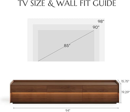 POVISON Fully-Assembled Mid Century Modern TV Stand, 94.49" Wood Media Console with Adjustable LED Light, Entertainment Center with Storage for Living Room