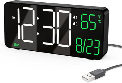 KOSUMOSU Digital Alarm Clocks for Bedrooms,6.7in Black Small Digital Clock for Bedroom, Auto Dimming,Date,Week,Seconds or Indoor Temperature,Desk Clocks for Living Room,LED Alarm Clock Calendar