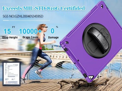 Case for iPad Pro 12.9 2nd Generation 2017 & 2015 1st Generation, Heavy Duty Rugged Shockproof Protective Cover w/ 360° Rotatable Stand + Handle Hand & Shoulder Strap + Pencil Holder-Purple