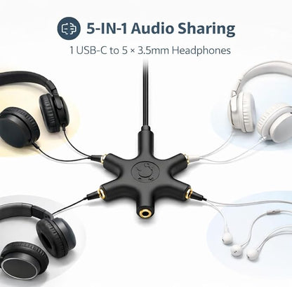 Mizi USB-C Headphone Splitter 5-Way - Type-C to 3.5mm Audio Adapter with 1 Male to 5 Female Ports, Multi-Headphone Aux Splitter for Phone, Tablet, Laptop, PC - Black