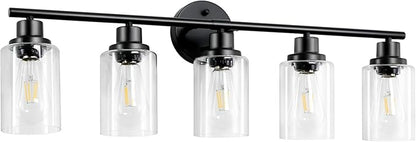 Guliaofo 5-Light Black Bathroom Vanity Lights, E26 Modern Bathroom Light Fixtures with Clear Glass Shade, Mirror Kitchen Hallway Cabinet Living Room Sconces Wall Lights