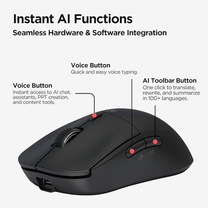 Virtusx Jethro AI Mouse - Voice & Audio Recorder for Lecture & Meeting, Centralized Software with Voice Typing, Writing Tools, Transcribe, Translate & Summarize, Wireless Mouse for Computer, Laptop