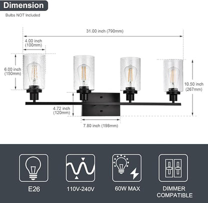 WINSHEN Black 4-Light Bathroom Light Fixtures with Seeded Glass Shade, 31-Inches Length Farmhouse Vanity Lights Over Mirror for Cabinet Kitchen Bedroom