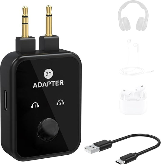 Airplane Bluetooth 5.3 Transmitter Adapter, 3.5mm to Dual Bluetooth Audio Converter, Wireless Hi-Fi Transmitter Receiver for Headphones, Speakers, TV, Switch, PC, Car, Flight, Support 2 Headphones