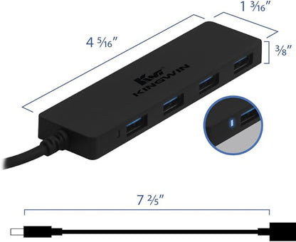 Kingwin USB Hub 4 Port USB 3.0 Data Hub for Mobile SSD, MacBook, Mac Pro/ Mini, iMac, Chromebook, Surface Pro, USB Flash Drives, Notebook PC, XPS, and More [Ultra Slim]