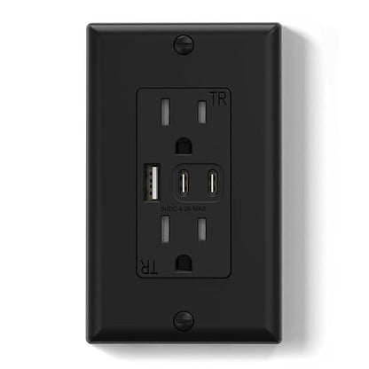 ELEGRP USB Outlets, 15 Amp Wall Outlet with 3 USB Ports, Dual USB C Ports Outlets, TR Tamper-Resistant USB Outlets Receptacles, Wall Plate Included, UL/CUL Listed, 1 Pack, Black