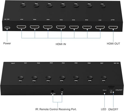 RuiPuo 7Port HDMI Switcher 4K@60Hz 7In 1Out HDMI Selector with IR Remote Supports Full HD 4K/1080P/3D & HDCP2.2 for Switch,Xbox,PS4/PS5,Fire Stick,Roku,Apple TV etc.