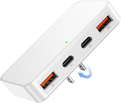 KWRNVO Flat USB Wall Charger 4 Ports Slim 35W USB-C/A Flodable Plug Fast Charging Block for iPhone 8/9/10/11/12/13/14/15 Multiport Power Charging Adapter for ipad and Galaxy Series S8-10 White