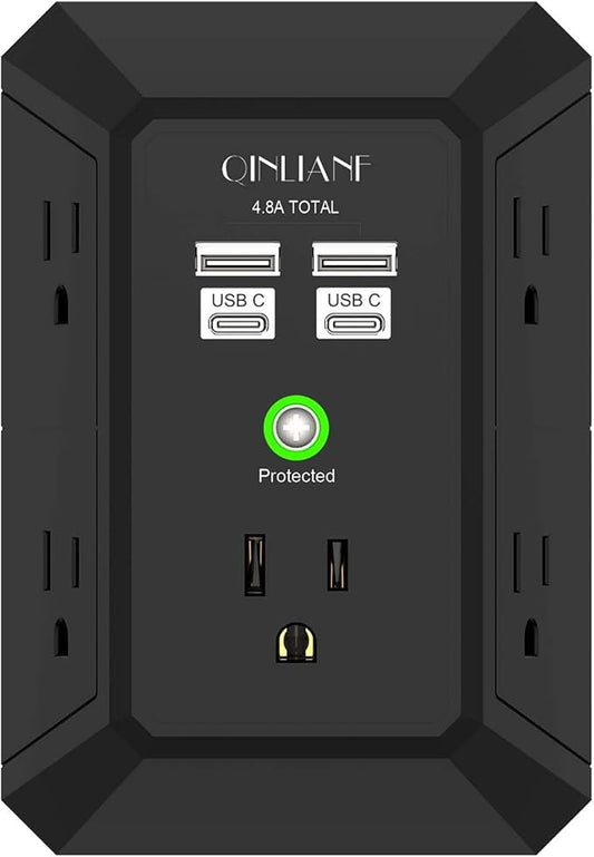 USB Wall Charger, Surge Protector, QINLIANF 5 Outlet Extender with 4 USB Charging Ports (4.8A Total) 3-Sided 1680J Power Strip Multi Plug Outlets Wall Adapter Spaced for Home Travel Office(2U2C),Black
