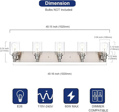 TODOLUZ 5-Light Vanity Light Fixture in Brushed Nickel, Clear Glass Bathroom Light Over Mirror, Modern Wall Sconce Lighting for Living Room