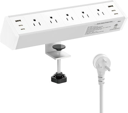 Tecmojo Desk Clamp Power Strip 5 Outlet with 2 USB A and 4 USB C Ports, 6 ft Cord, Desk Outlet Station Fit 1.6" Tabletop Edge,Over Loading Protection,ETL Listed,White