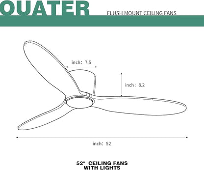 OUATER Flush Mount Ceiling Fan no light with Remote, 52 inch Low Profile Wood Ceiling Fan without light for Outdoor, Bedroom, Natural Wood and matte Black, DC Motor, 6 Speed