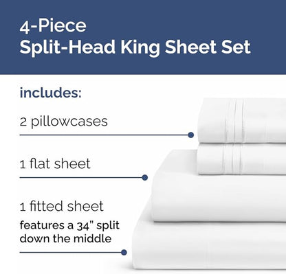 Split Head King Sheets Set – Top Split King Sheets for Adjustable Beds, Easy-Fit Split Head King Mattress - Flex Split Top King Sheets, Easy-Fit, Breathable, Deep Pocket Split King Sheets Set - White