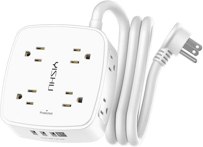 5Ft Surge Protector Power Strip - 8 Widely Outlets with 4 USB Ports, 3 Side Outlet Extender with 5 Feet Extension Cord, Flat Plug, Wall Mount, Desk USB Charging Station, ETL,White