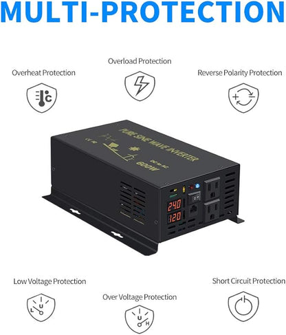 WZRELB 600W 24V 120V Pure Sine Wave Power Inverter with 2 AC Outlets Wired Remote Control (RBP-60024WR)
