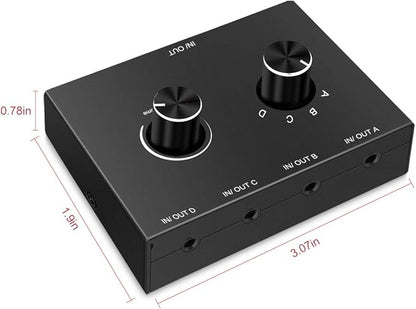4 Port Audio Switch, 3.5mm Stereo AUX Selector, 4 Input 1 Output / 1 Input 4 Output Splitter, Switcher Box With 4 Channel Switch Knob, No External Power Required