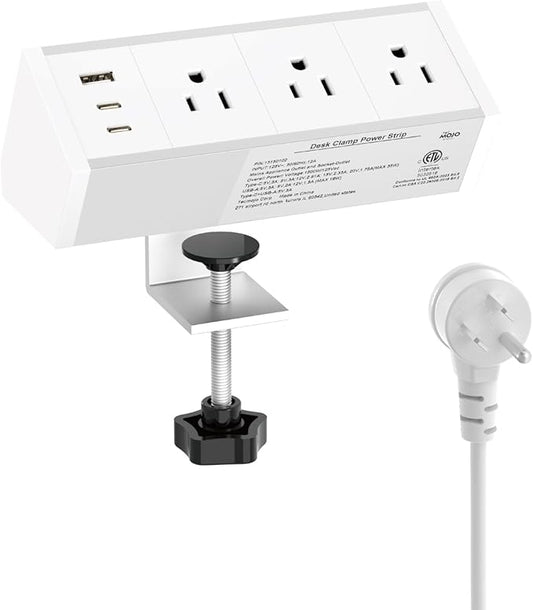 Tecmojo Desk Clamp Power Strip 3 Outlet with 1 USB A and 2 USB C Ports, 6 ft Cord, Desk Outlet Station Fit 1.6" Tabletop Edge,ETL Listed,White