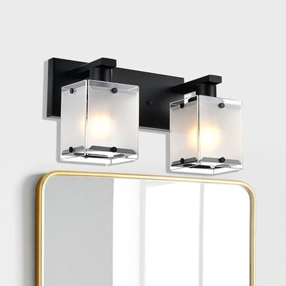 WINSHEN Black Wall Sconce Lighting, 2-Light Bathroom Vanity Light Fixture Wall Mount Lamp Over Mirror for Bedroom Bedside Studty Living Room, Rectangular Frosted Glass Shade