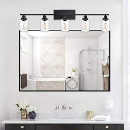WINSHEN 40 Inches Length Black Bathroom Lighting Fixtures, 5-Light Modern Industrial Wall Sconce Vanity Light Fixture with Seeded Glass for Bedroom Over Mirror