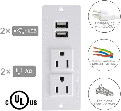 Recessed Power Strip with USB Mountable Power Strip with USB 2 Power Outlets 2 USB Hub Built in Desk Table Coneference Sofa Cabinet Drawer