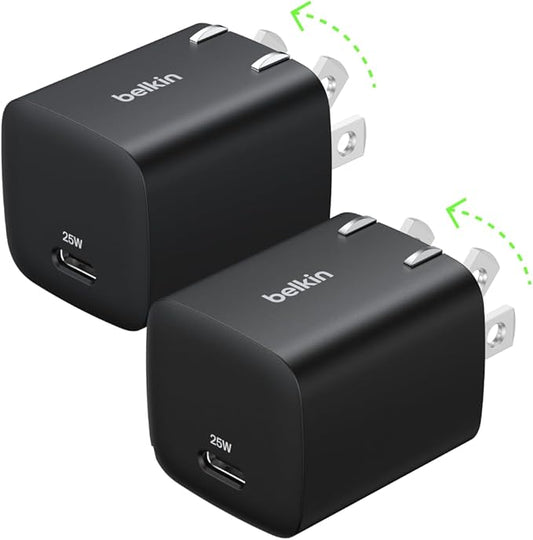 Belkin USB C Charger Block 25W (2 Pack) – PD3.0 PPS Super Fast Charging - Samsung Galaxy S25, S24, Apple iPhone 16, iPhone 15/14/13 Plus, Pro, Pro Max, Google Pixel 9, Nintendo Switch, etc - Black