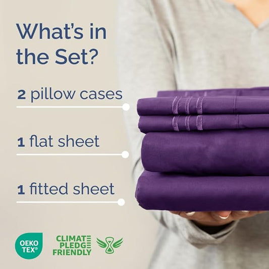 Full XL Bed Sheet Set - 4 Piece Extra Long Extended Full XL Sheets - Soft, Breathable & Cooling - Fits 8" to 16" Mattress w/ Deep Pockets - 54" x 80" - Easy-Fit, Wrinkle and Fade Resistant - Purple