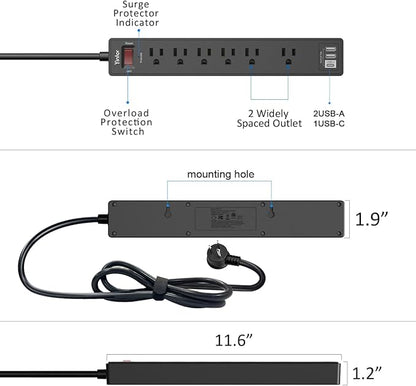 15Ft Power Strip Surge Protector - Yintar Extension Cord with 6 AC Outlets and 3 USB Ports for Home, Office, Dorm Essentials, 1680 Joules, ETL Listed, Black
